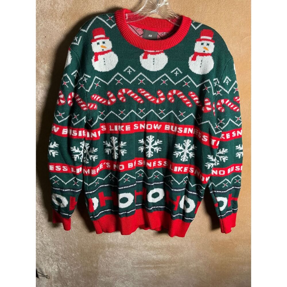 H&M Ugly Christmas Sweater Snowman Candy Cane Ho Ho Ho Green Red L